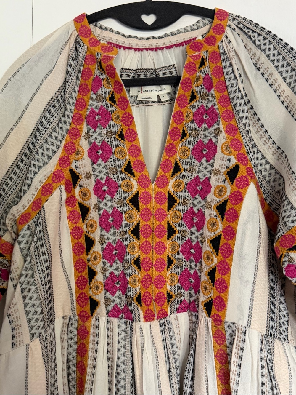 Anthropologie Cream Stripe Dress with Pink & Orange Embroidery - Picture 2 of 5